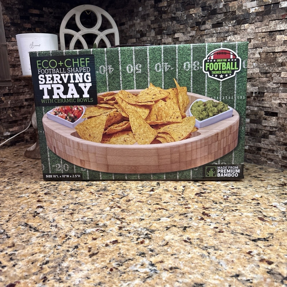 Bamboo Football Serving Tray with Ceramic Bowls